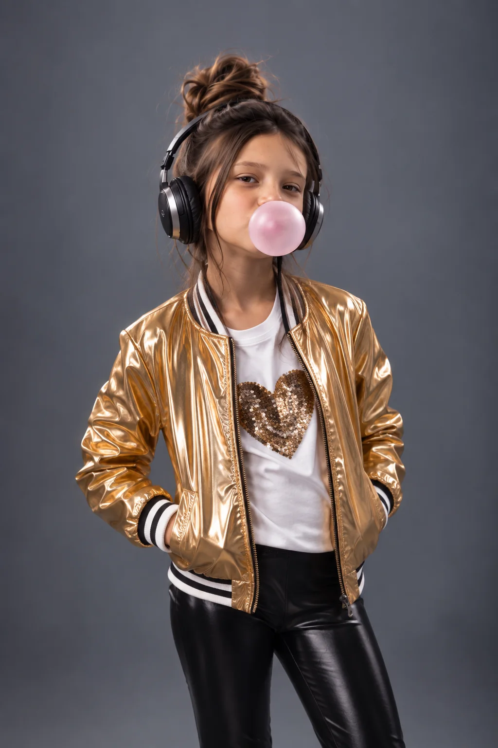 Sofia com fones e uma bolha de chiclete